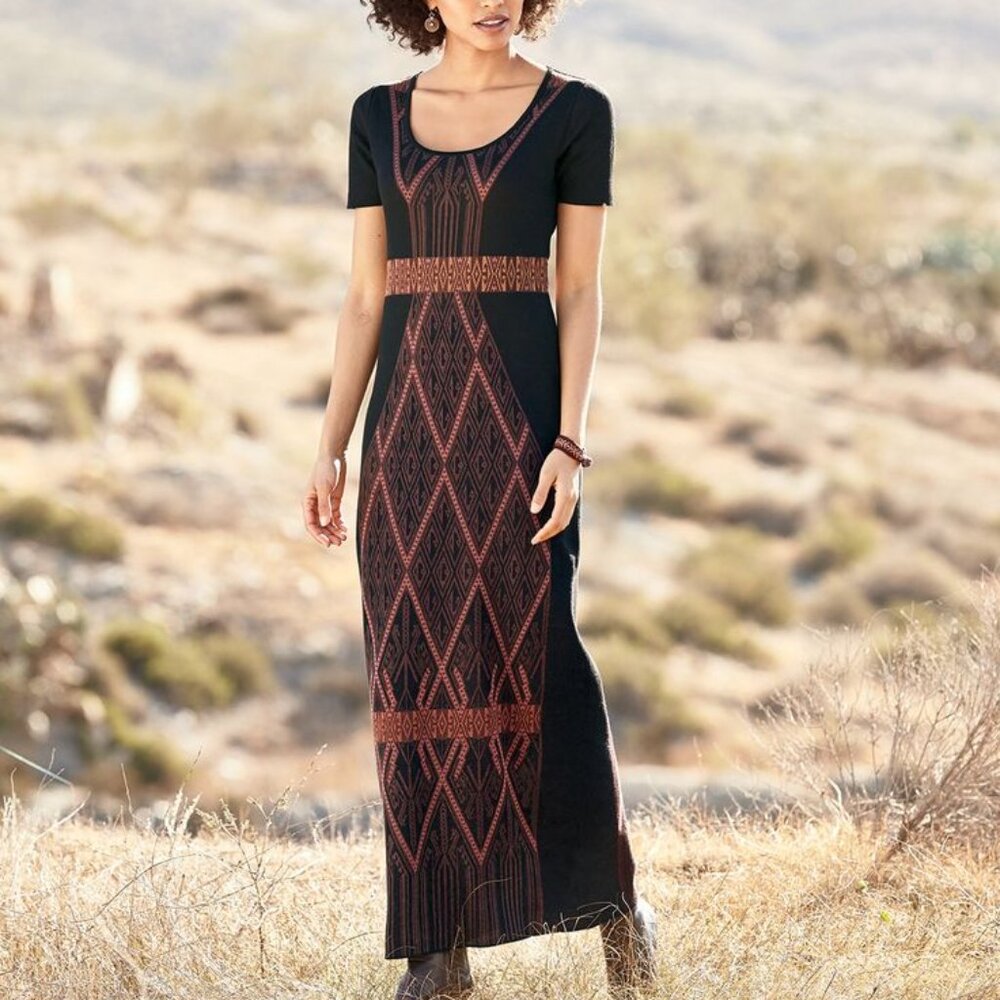 Peruvian Connection Geometric Print Knit Maxi Dress
